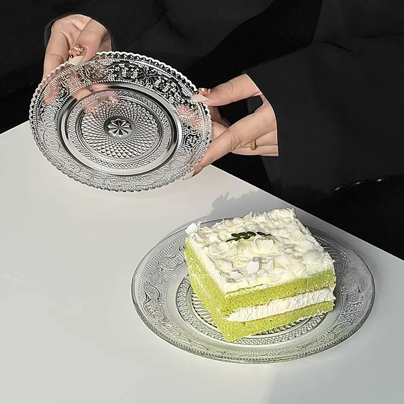 Retro Glass Fruit Plate Snack Disc Household Living Room Exquisite Dessert Dish Salad Plate Round Breakfast Pastry Disc