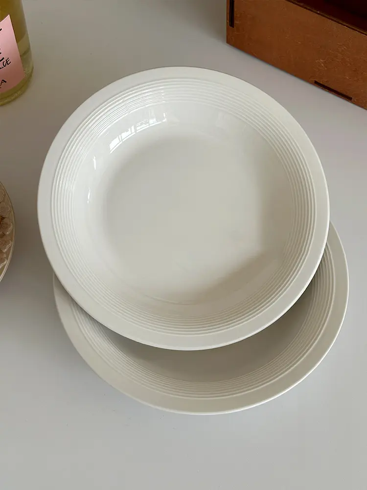 Ceramic Household Salad Plate Relief White Soup Plate Spaghetti Deep Plate Simple Western Food Plate Tableware