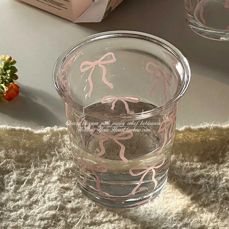 350ml Pink Bow Printed Glass Cup Cute Milk Coffee Mug Juice Cup Water Mug Simple Drinkware