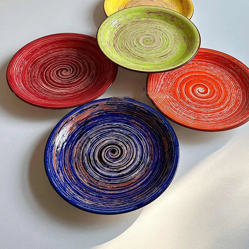 19cm Retro Ceramic Round Flat Plate Korean Western Steak Plates Household Fruit Salad Dessert Dish Kitchen Tableware