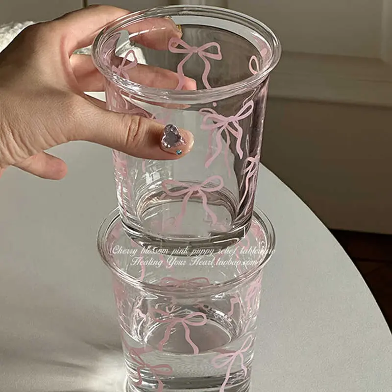 350ml Pink Bow Printed Glass Cup Cute Milk Coffee Mug Juice Cup Water Mug Simple Drinkware