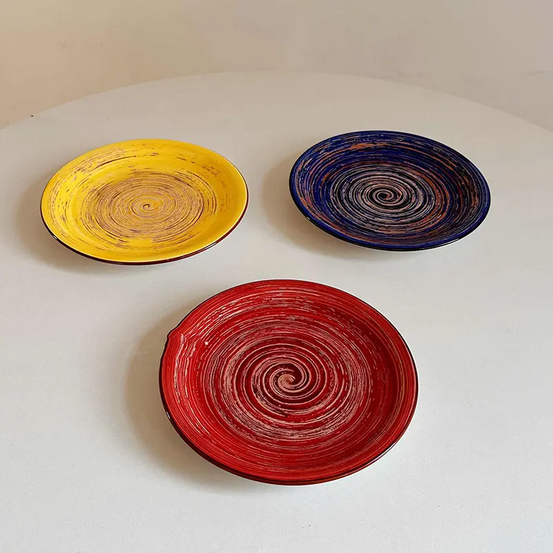 19cm Retro Ceramic Round Flat Plate Korean Western Steak Plates Household Fruit Salad Dessert Dish Kitchen Tableware