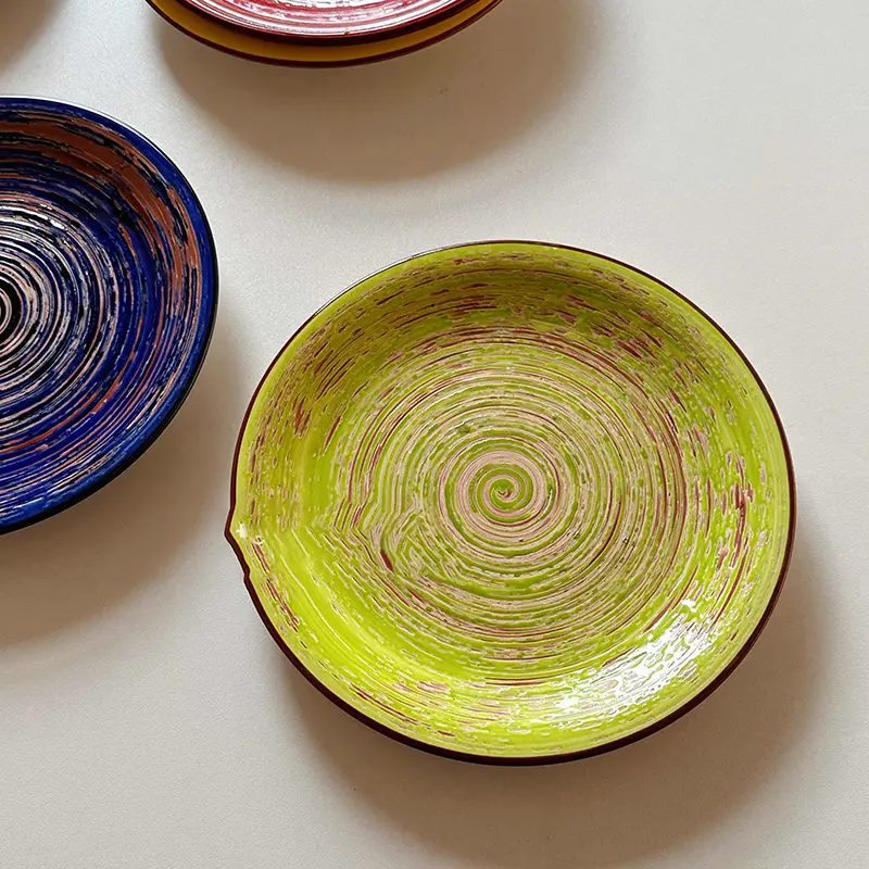 19cm Retro Ceramic Round Flat Plate Korean Western Steak Plates Household Fruit Salad Dessert Dish Kitchen Tableware