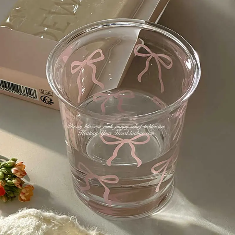350ml Pink Bow Printed Glass Cup Cute Milk Coffee Mug Juice Cup Water Mug Simple Drinkware