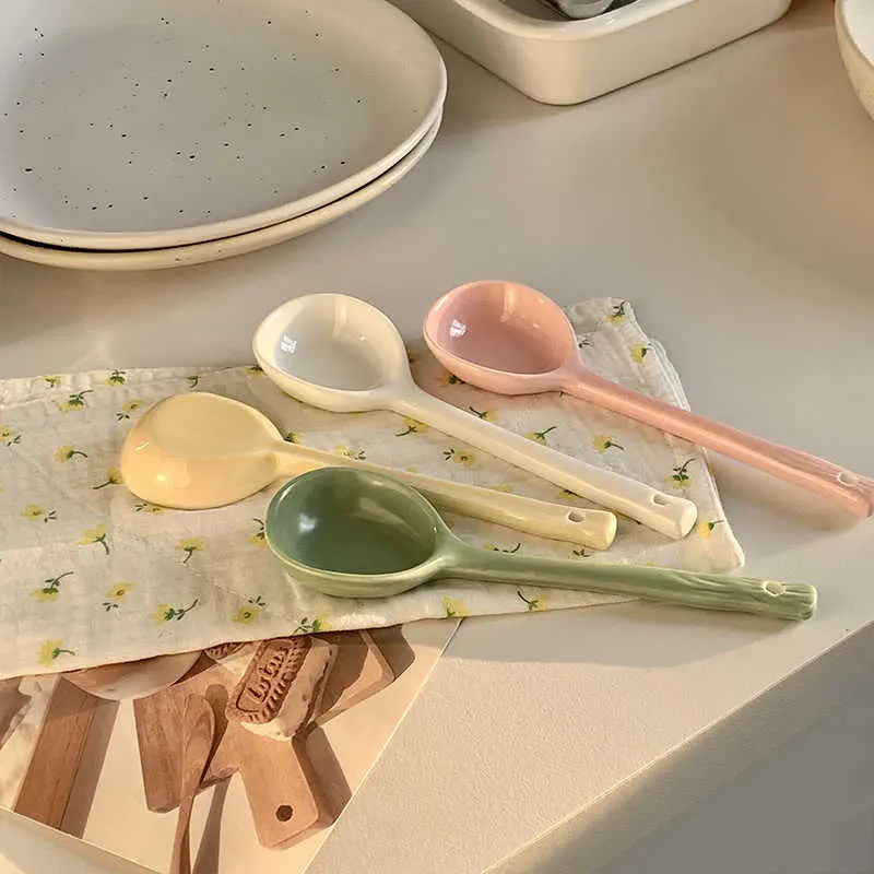 Solid Colour Ceramic Long Handle Spoon Household Soup Spoon Stirring Spoon Simple Dessert Spoon Kitchen Tableware Accessories