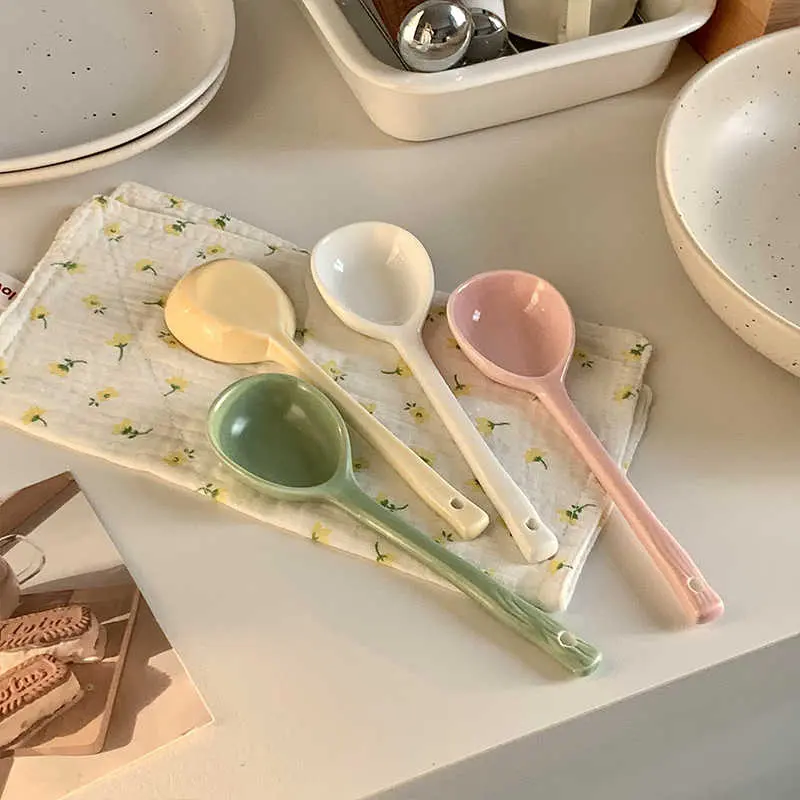 Solid Colour Ceramic Long Handle Spoon Household Soup Spoon Stirring Spoon Simple Dessert Spoon Kitchen Tableware Accessories