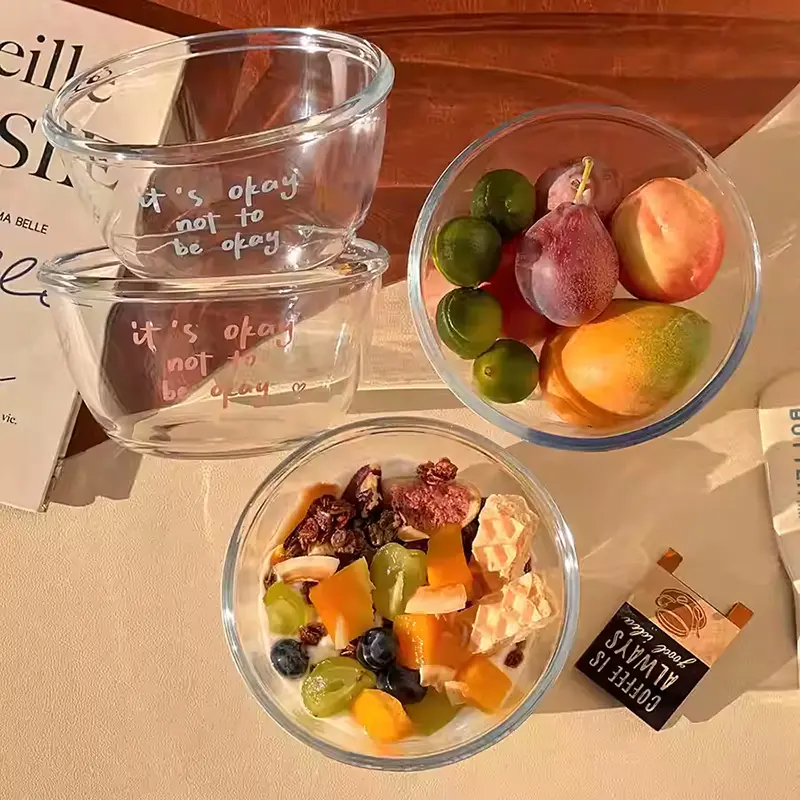 Glass Bowls Letters Printed Yoghurt Oatmeal Dessert Bowls Household Fruit Salad Bowl Simple Tableware