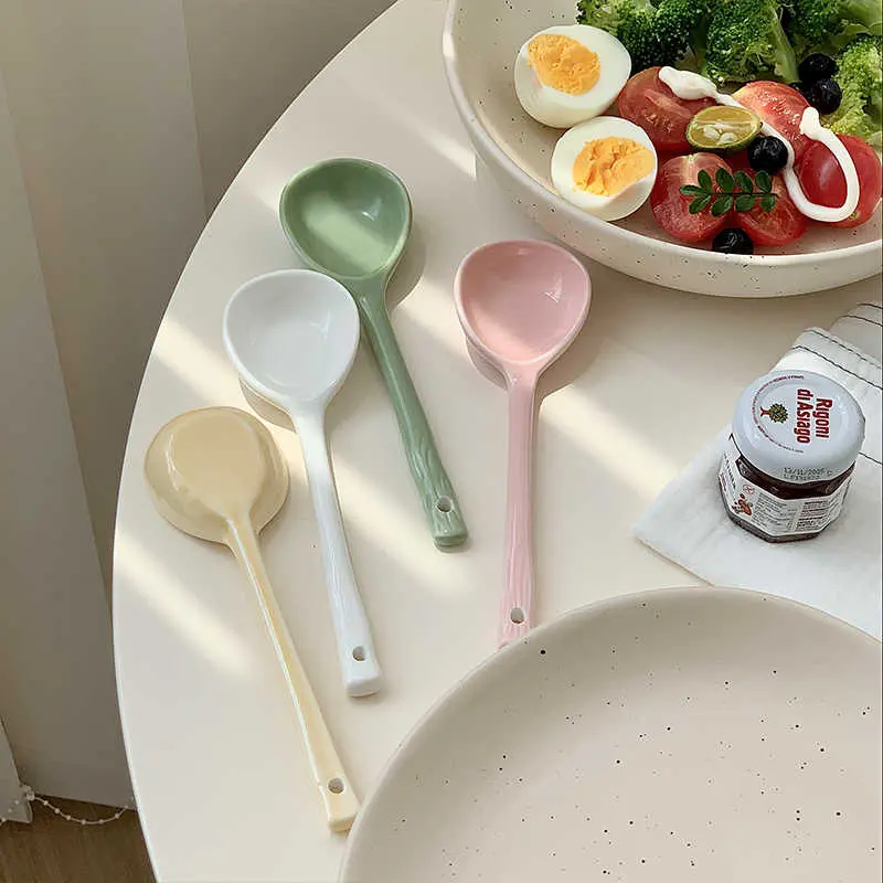 Solid Colour Ceramic Long Handle Spoon Household Soup Spoon Stirring Spoon Simple Dessert Spoon Kitchen Tableware Accessories