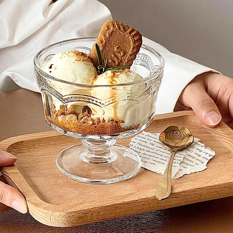 Embossed Tall Glass Ice-cream Cups Dessert Yoghurt Ice-cream Breakfast Cups Juice Salads Cocktails Drinkware 250ml