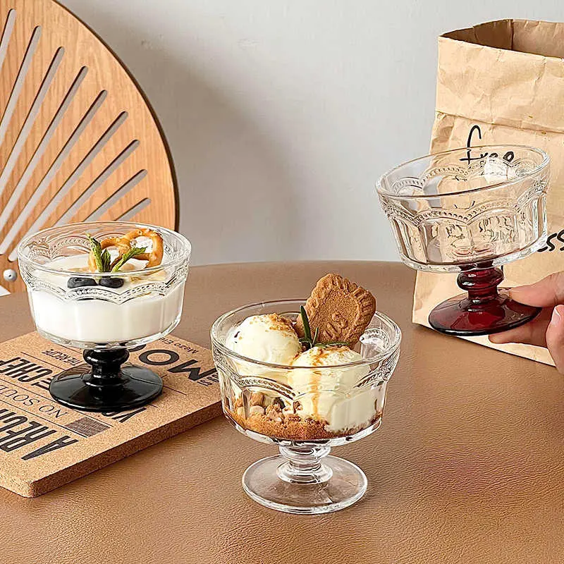 Embossed Tall Glass Ice-cream Cups Dessert Yoghurt Ice-cream Breakfast Cups Juice Salads Cocktails Drinkware 250ml