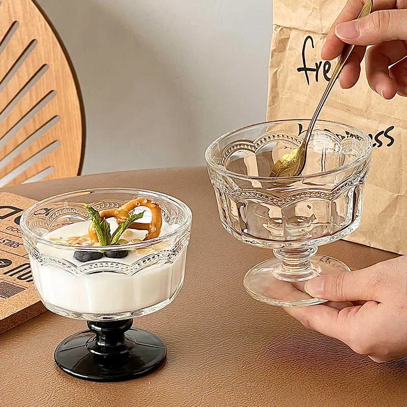 Embossed Tall Glass Ice-cream Cups Dessert Yoghurt Ice-cream Breakfast Cups Juice Salads Cocktails Drinkware 250ml