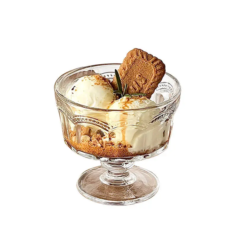 Embossed Tall Glass Ice-cream Cups Dessert Yoghurt Ice-cream Breakfast Cups Juice Salads Cocktails Drinkware 250ml