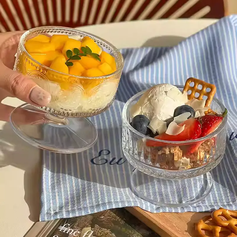 Glass Ice Cream Cup Transparent High Footed Yogurt Bowl Household Dessert Nut Fruit Cups Drinking Utensil 180ml