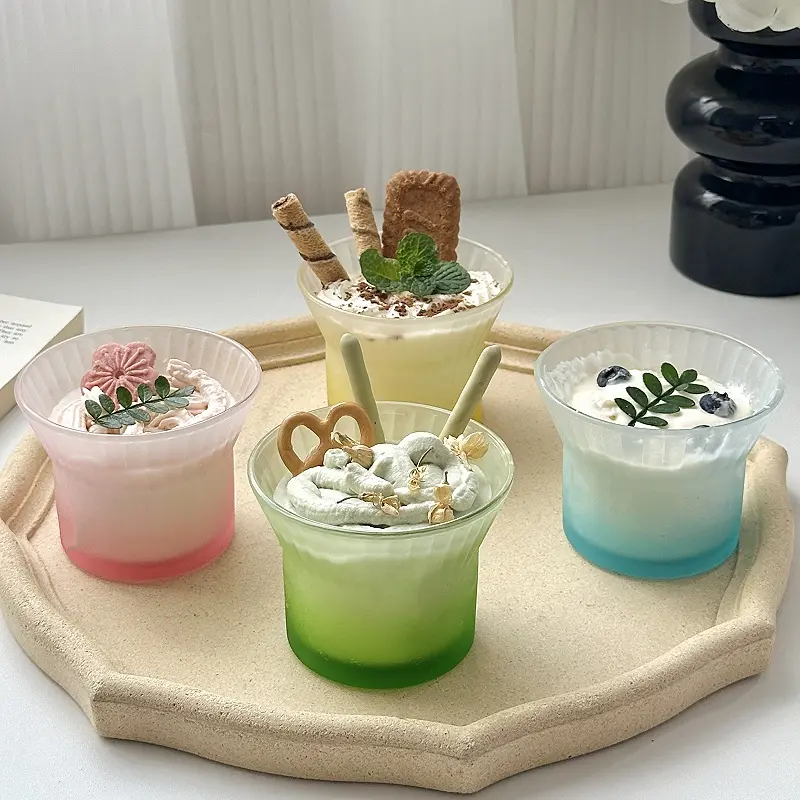 Wide Mouth Coloured Dessert Cups Household Summer Milkshake Glass Mugs Yoghurt Ice Cream Hand-held Cup Drinking Utensils