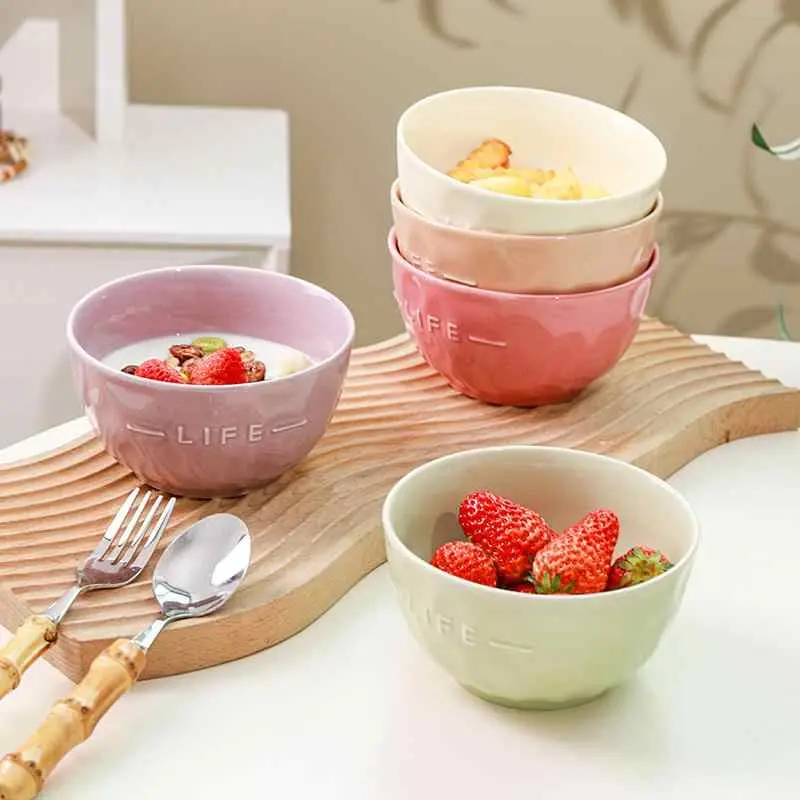 Solid Color Ceramic Dessert Bowl Letter Embossed Rice Bowl Simple Breakfast Milk Oatmeal Bowl Kitchen Tableware