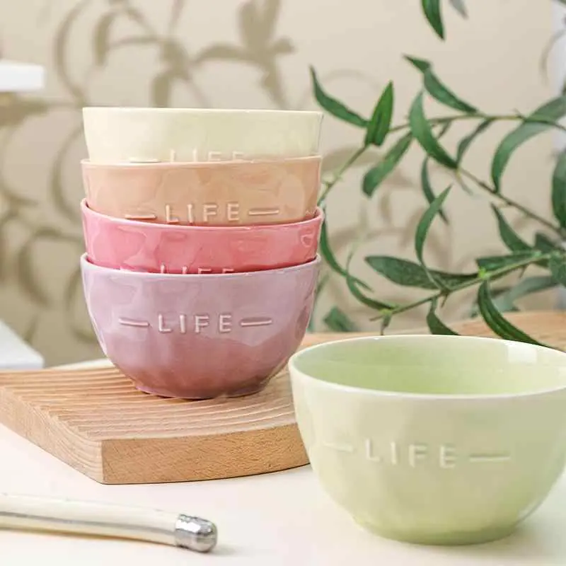 Solid Color Ceramic Dessert Bowl Letter Embossed Rice Bowl Simple Breakfast Milk Oatmeal Bowl Kitchen Tableware