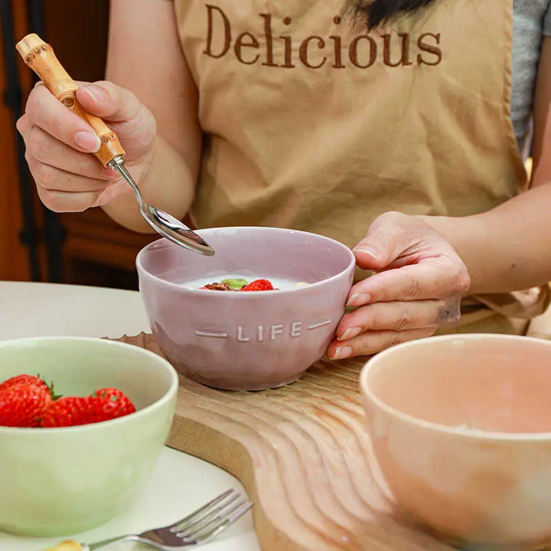 Solid Color Ceramic Dessert Bowl Letter Embossed Rice Bowl Simple Breakfast Milk Oatmeal Bowl Kitchen Tableware