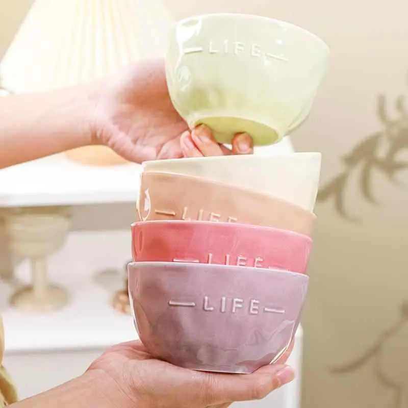 Solid Color Ceramic Dessert Bowl Letter Embossed Rice Bowl Simple Breakfast Milk Oatmeal Bowl Kitchen Tableware