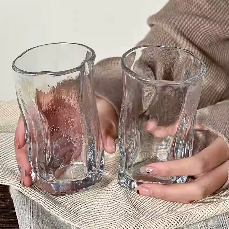 Irregularly Pleated Glass Coffee Cups Transparent Juice Drink Water Cup Simple Household Drinkware 275ml