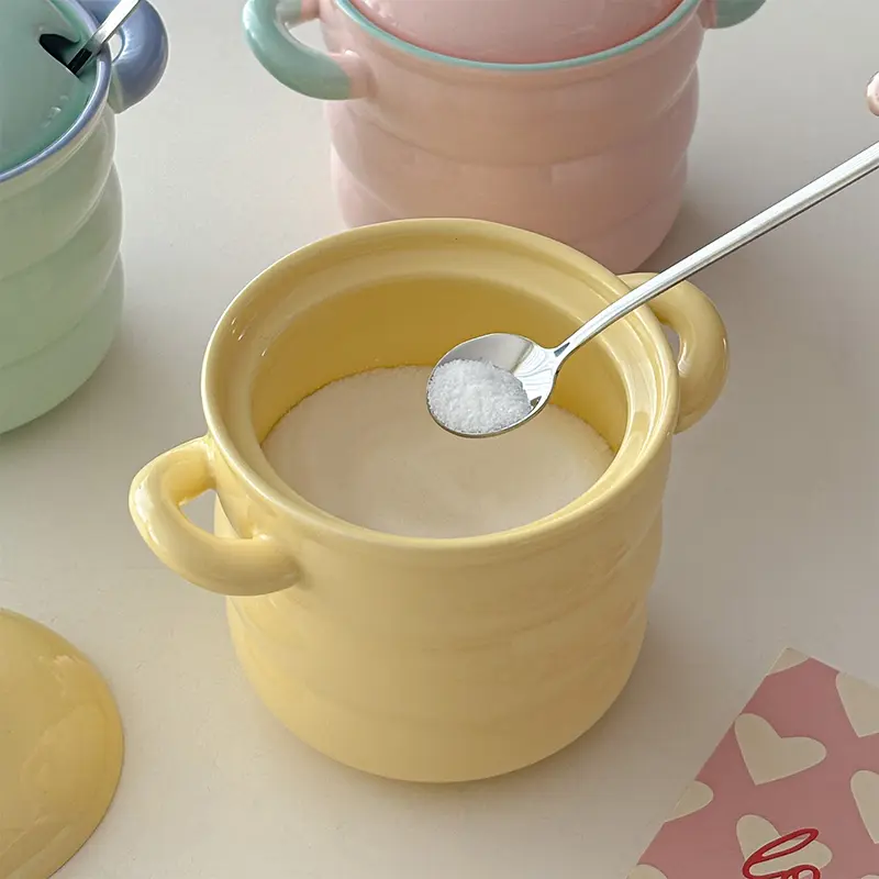 Cute Creamy-color Kitchen Spice Jar Colour Blocking Binaural Ceramic Storage Jars Household Salt Sugar Chilli Jars With Lid