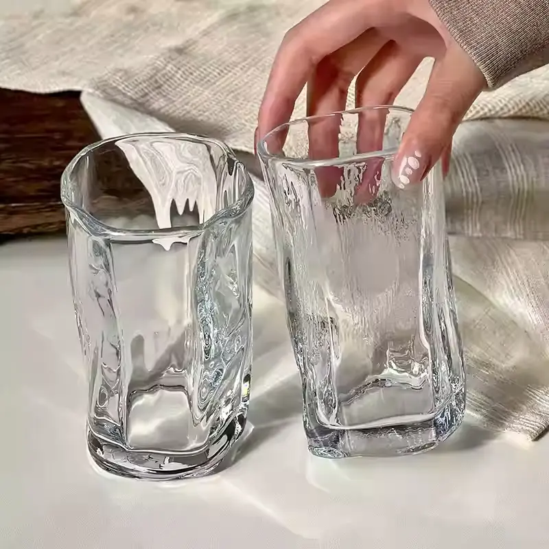 Irregularly Pleated Glass Coffee Cups Transparent Juice Drink Water Cup Simple Household Drinkware 275ml