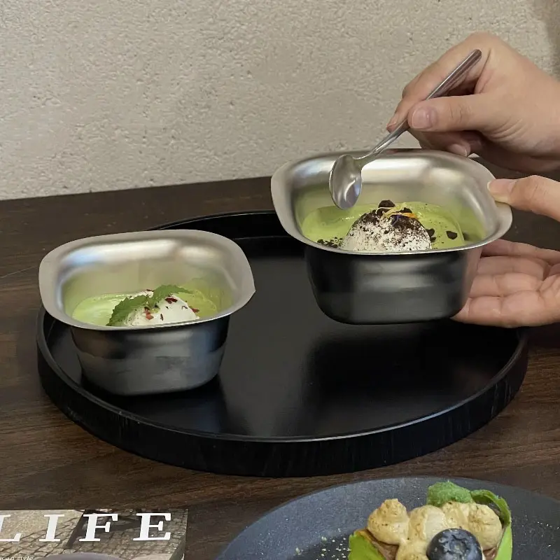 Breakfast Fruits Yoghurt Oatmeal Bowls 304 Korean Style Stainless Steel Square Bowl High Quality Cream Cake Dessert Bowl