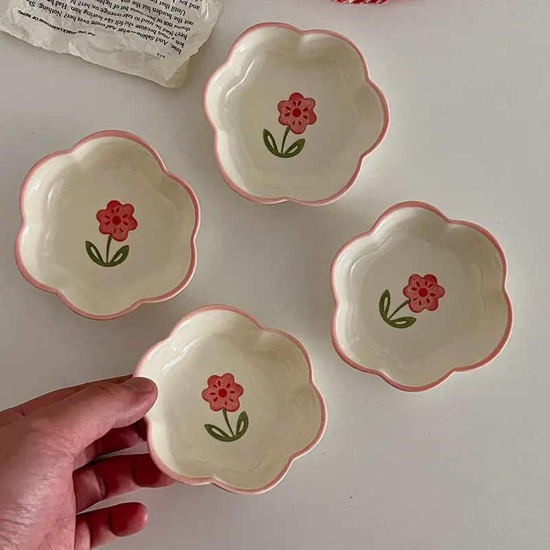 Cute Ceramic Mini Plates Flowers Patterned Hot Pot Seasoning Dish Under Glazed Sauce And Vinegar Dipping Dishes Tableware