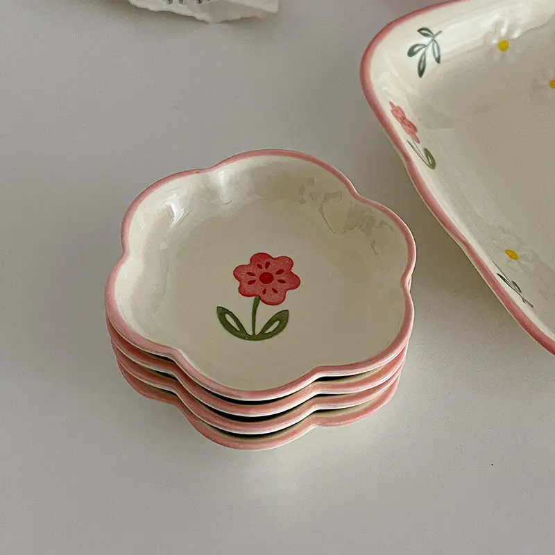 Cute Ceramic Mini Plates Flowers Patterned Hot Pot Seasoning Dish Under Glazed Sauce And Vinegar Dipping Dishes Tableware