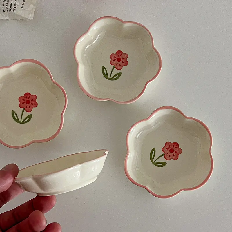 Cute Ceramic Mini Plates Flowers Patterned Hot Pot Seasoning Dish Under Glazed Sauce And Vinegar Dipping Dishes Tableware