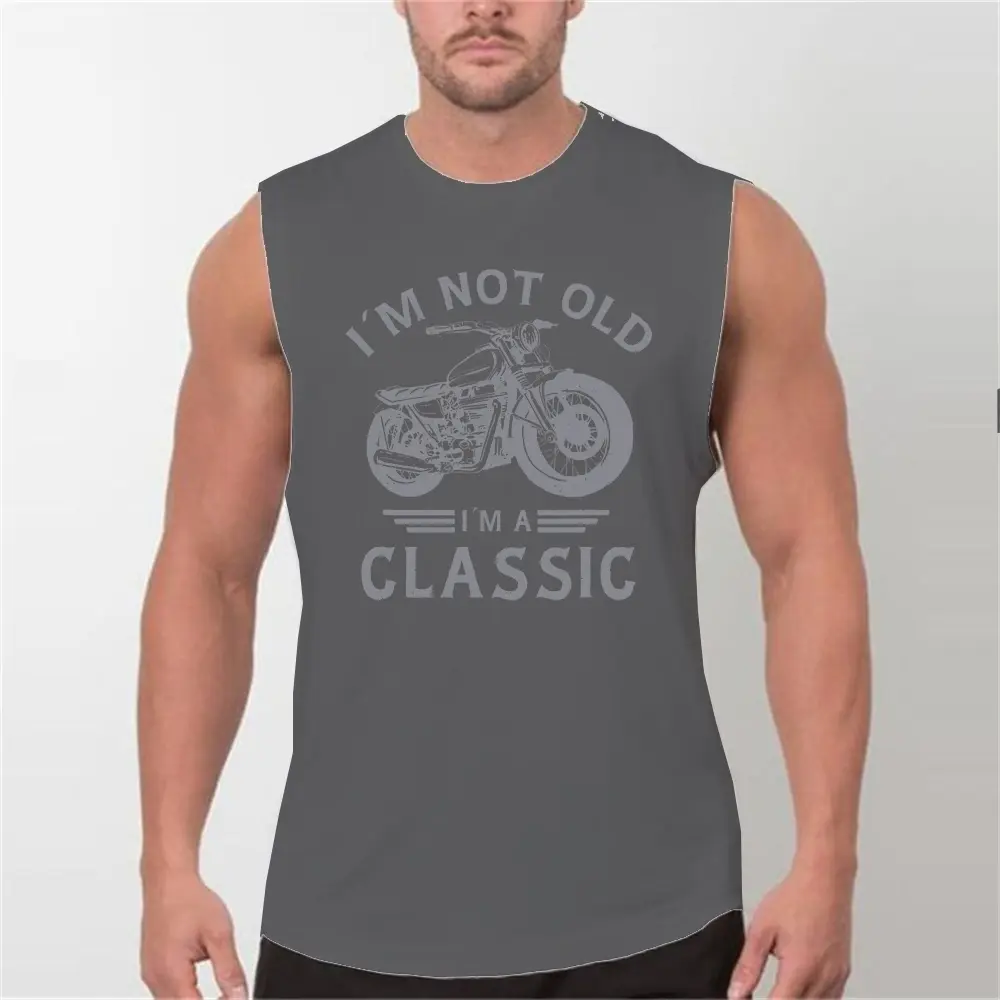 Men's summer casual sports fitness loose retro motorcycle print comfortable breathable round neck sleeveless vest