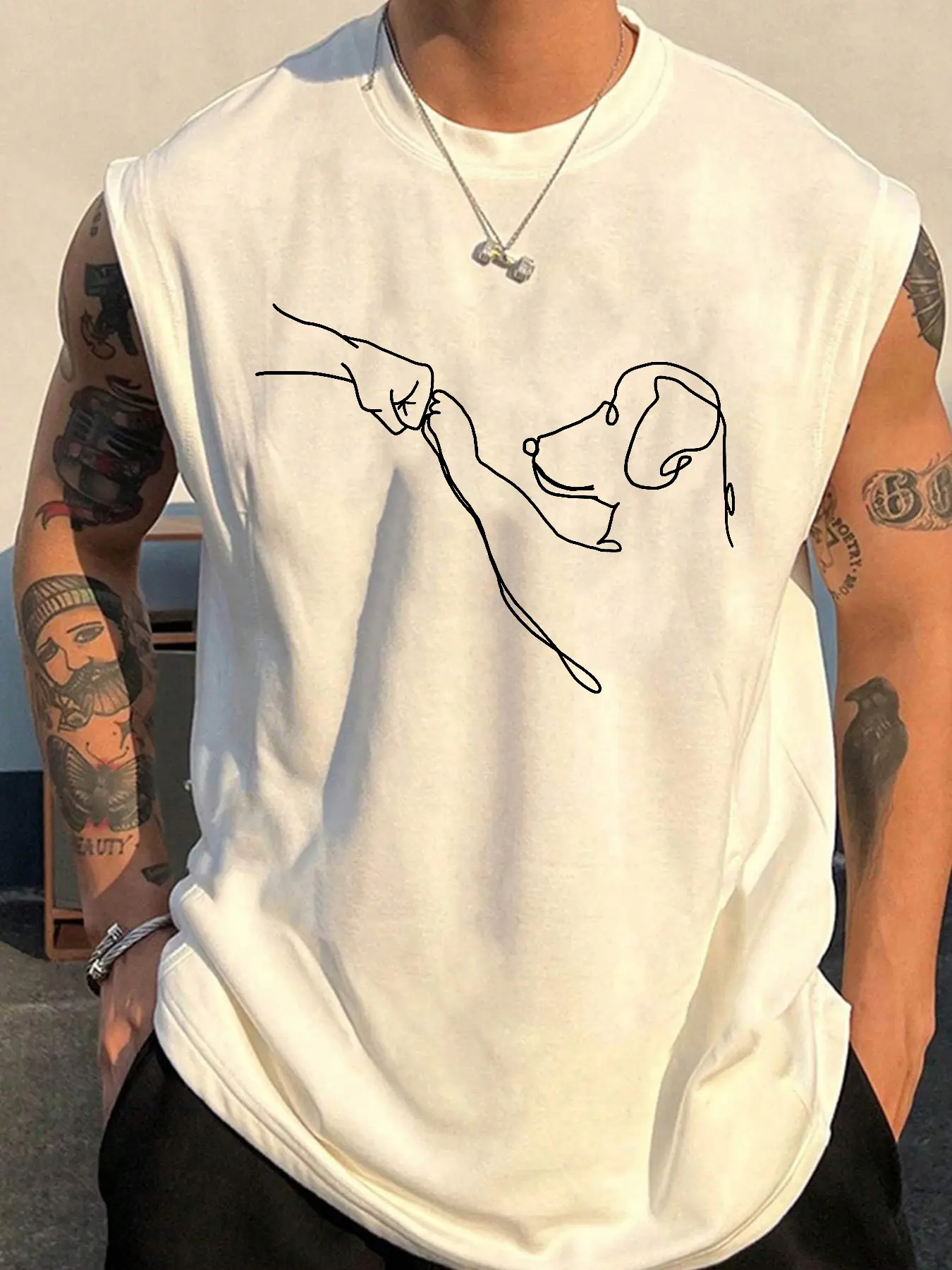 Men's Summer Leisure Sports Fitness Loose fit Dog Punch Pattern Printed Comfortable Breathable Round Neck Sleeveless Tank Top