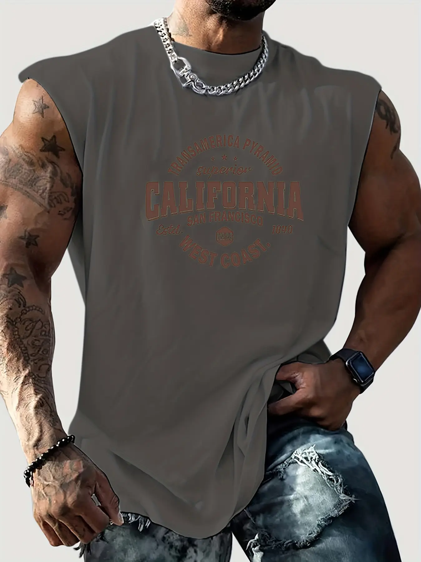 Men's Summer Leisure Sports Fitness Loose California West Coast Printed Comfortable Breathable Round Neck Sleeveless Tank Top