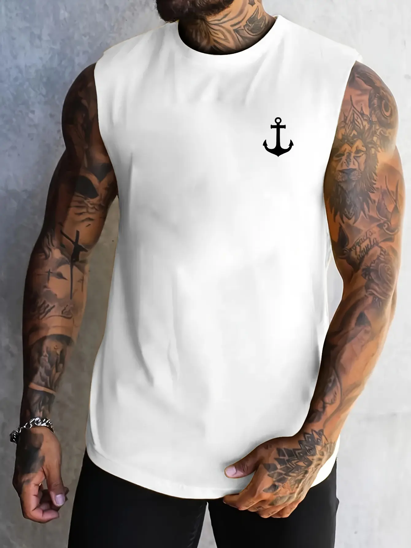 Men's summer casual sports fitness loose boat anchor pattern printed comfortable and breathable round neck sleeveless vest