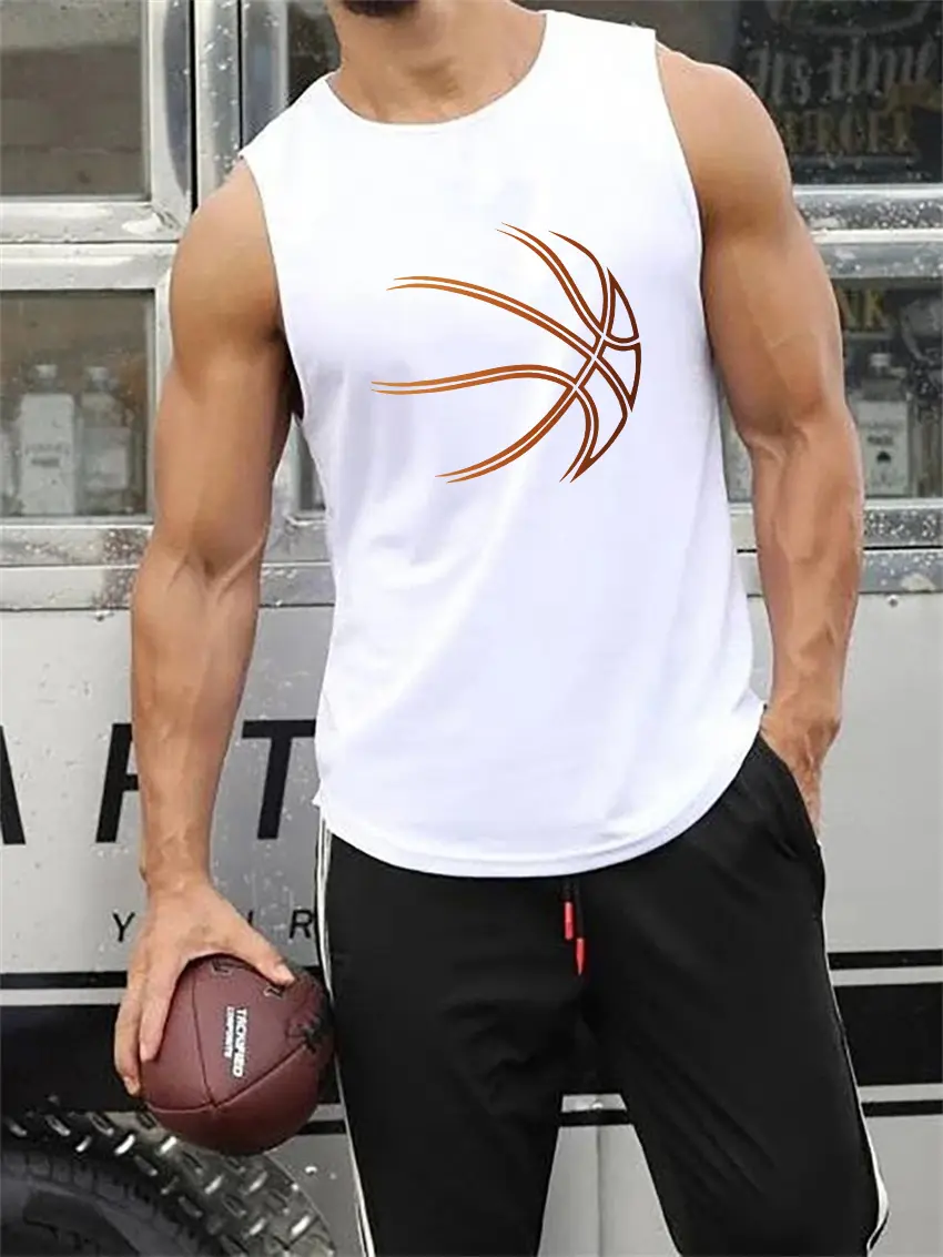 Men's Summer Leisure Sports Fitness Loose Basketball Pattern Printed Comfortable and Breathable Round Neck Sleeveless Tank Top