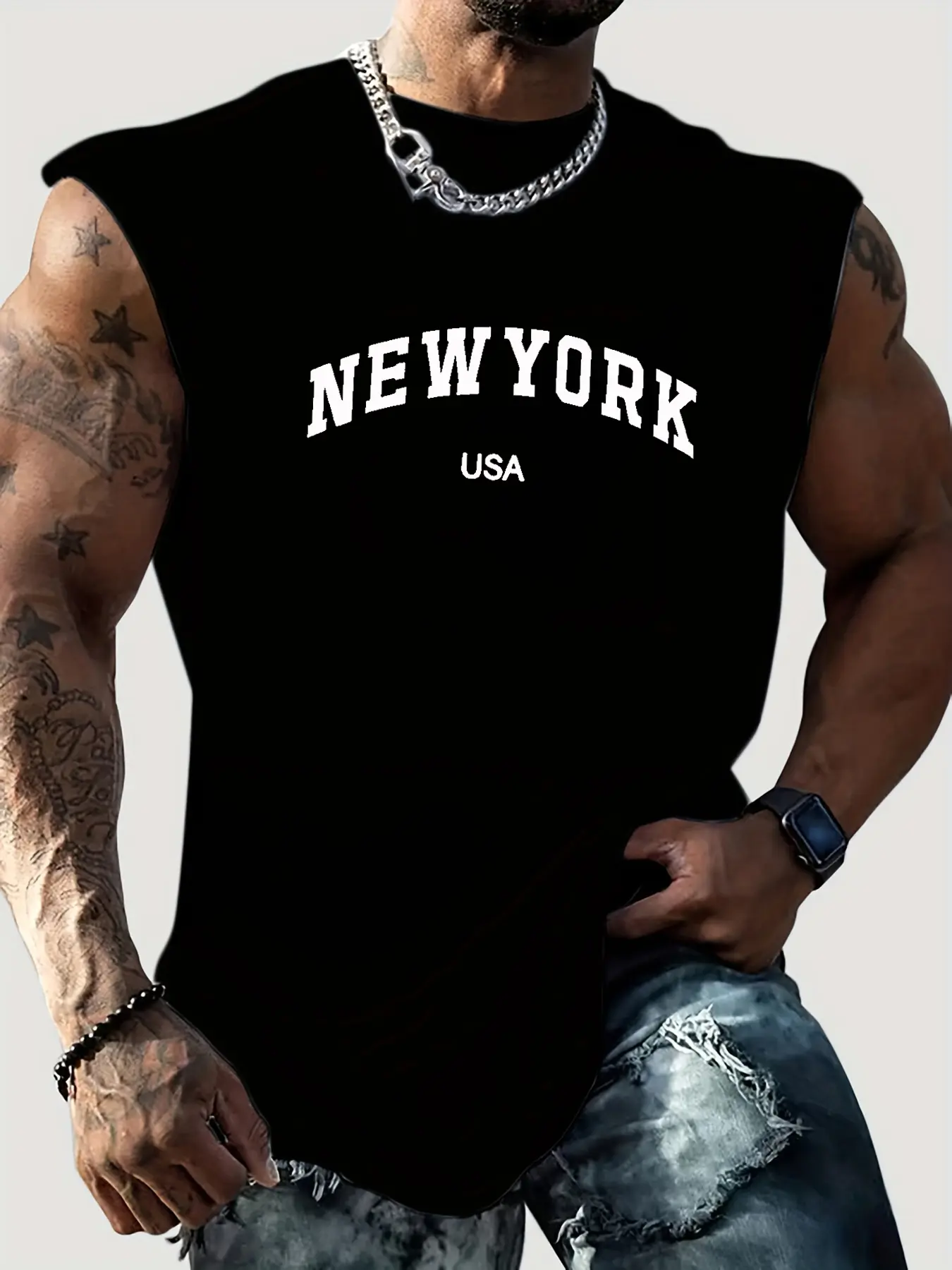 Men's Summer Leisure Sports Fitness Loose New York USA Letter Printed Comfortable Breathable Round Neck Sleeveless Tank Top
