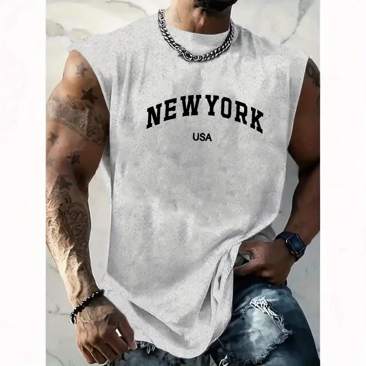 Men's Summer Leisure Sports Fitness Loose New York USA Letter Printed Comfortable Breathable Round Neck Sleeveless Tank Top