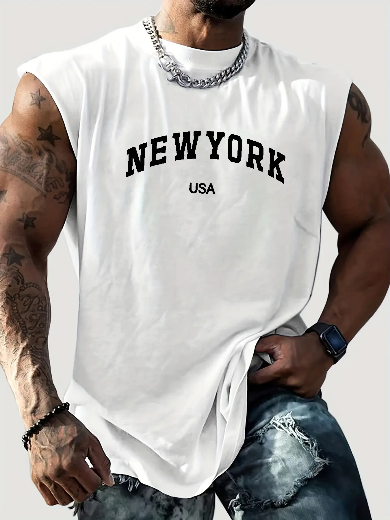 Men's Summer Leisure Sports Fitness Loose New York USA Letter Printed Comfortable Breathable Round Neck Sleeveless Tank Top