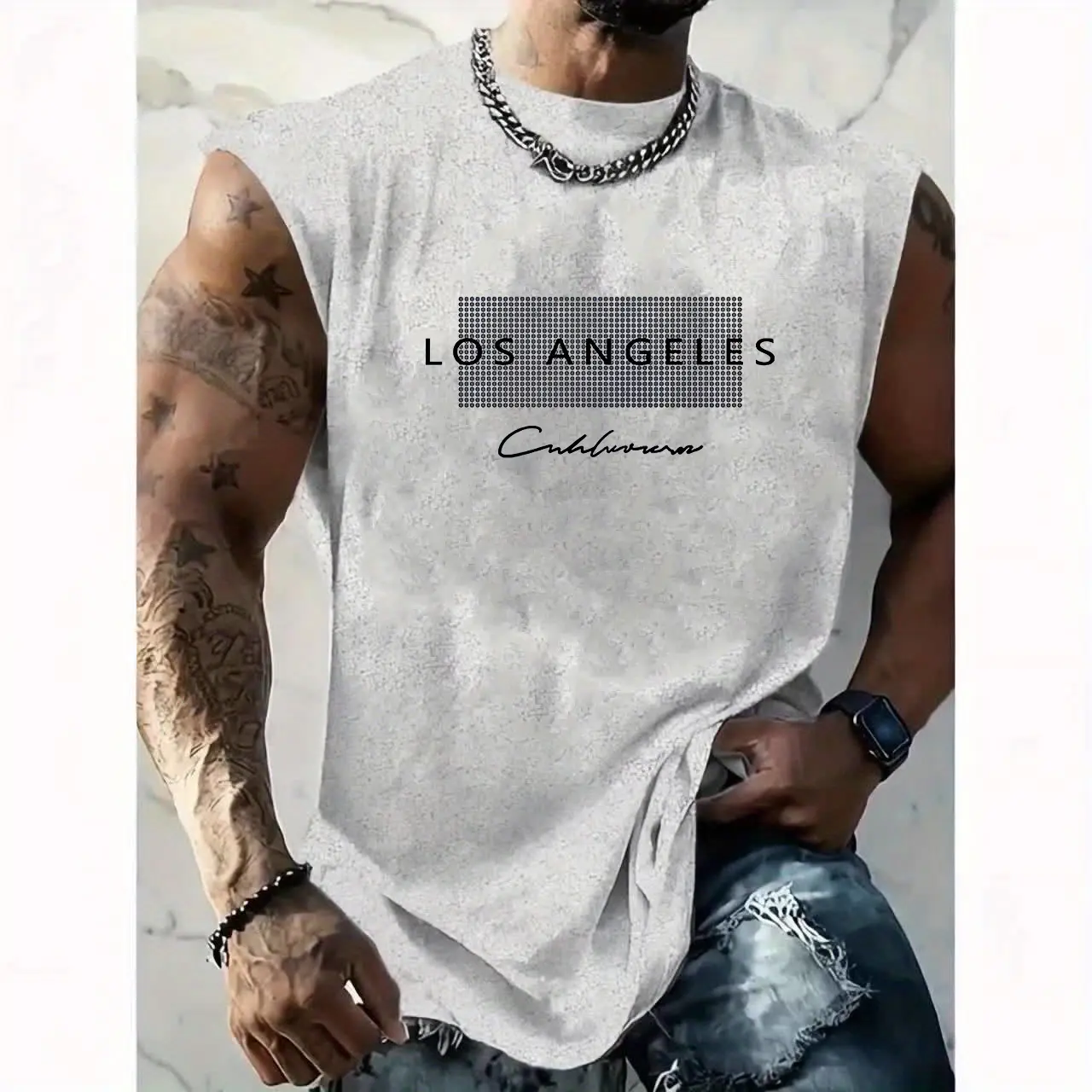 Men's summer casual sports loose Los Angeles letter pattern print comfortable and breathable round neck sleeveless vest