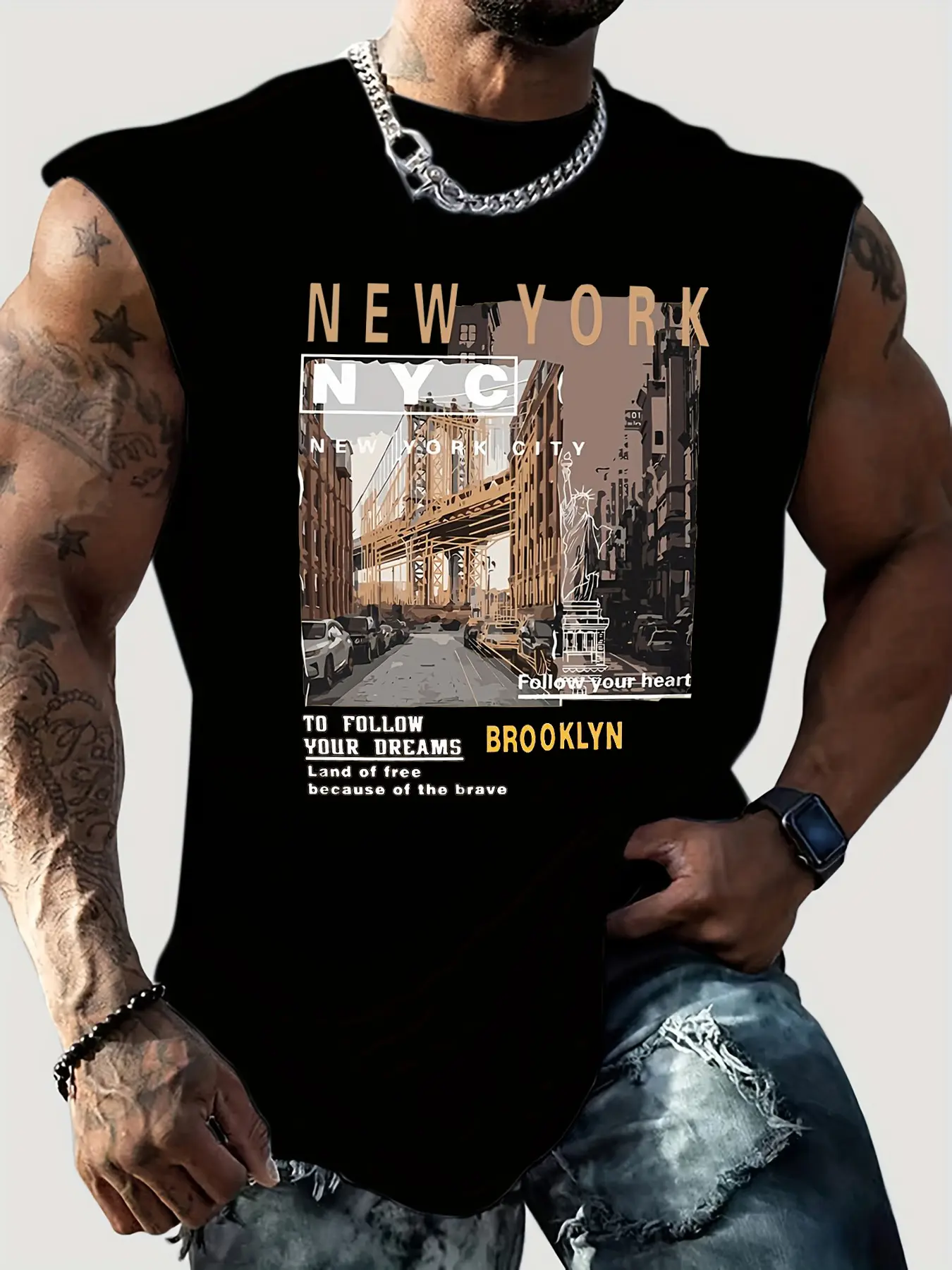 Men's Summer Leisure Sports Fitness Loose New York City Pattern Printed Comfortable Breathable Round Neck Sleeveless Tank Top