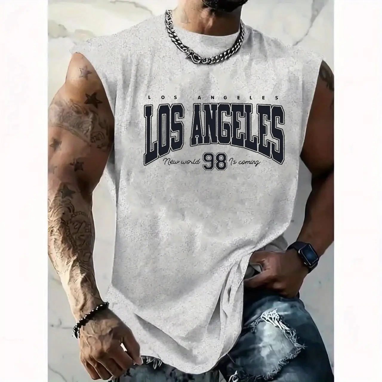 Men's Summer Leisure Sports Fitness Loose Los Angeles 98 Printed Comfortable Breathable Round Neck Sleeveless Tank Top