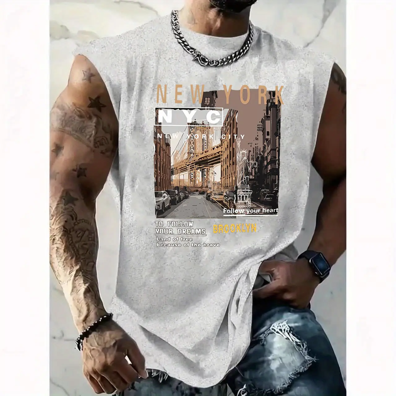 Men's Summer Leisure Sports Fitness Loose New York City Pattern Printed Comfortable Breathable Round Neck Sleeveless Tank Top