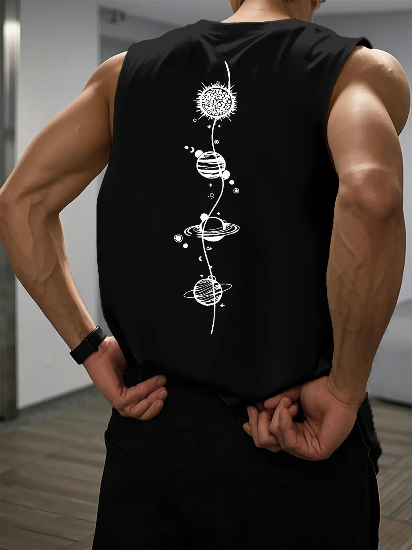 Men's Summer Leisure Sports Fitness Loose Space Planet Pattern Printed Comfortable and Breathable Round Neck Sleeveless Tank Top
