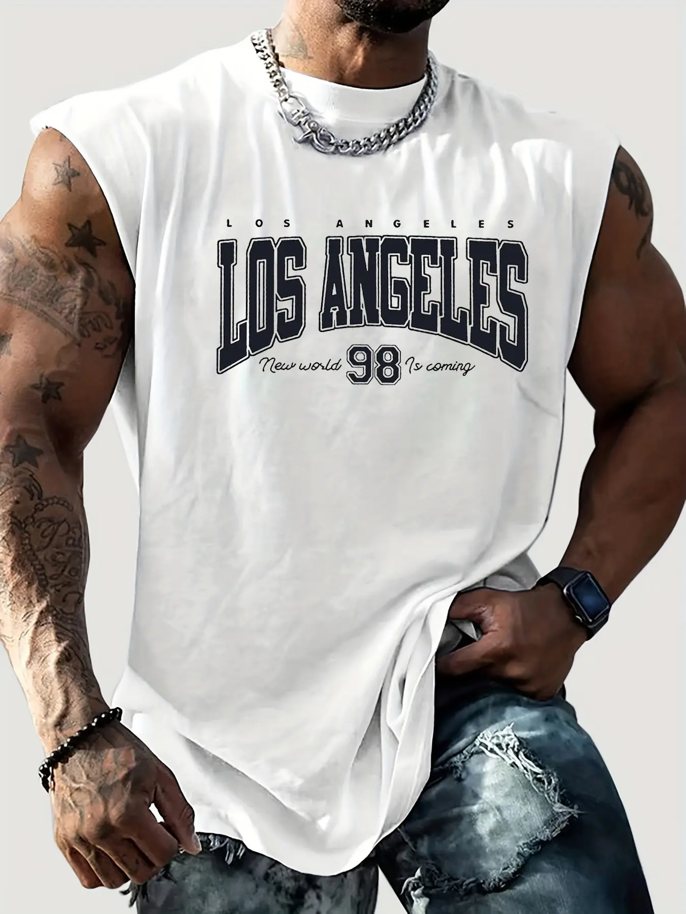 Men's Summer Leisure Sports Fitness Loose Los Angeles 98 Printed Comfortable Breathable Round Neck Sleeveless Tank Top