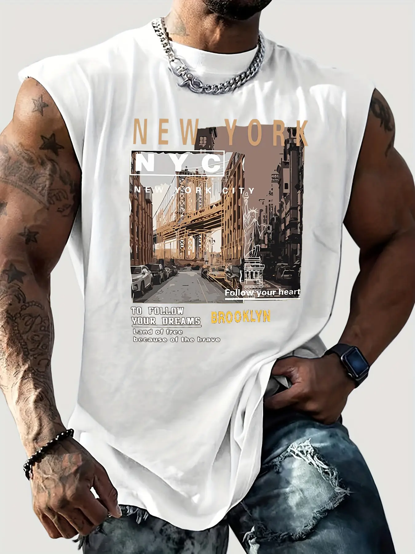 Men's Summer Leisure Sports Fitness Loose New York City Pattern Printed Comfortable Breathable Round Neck Sleeveless Tank Top