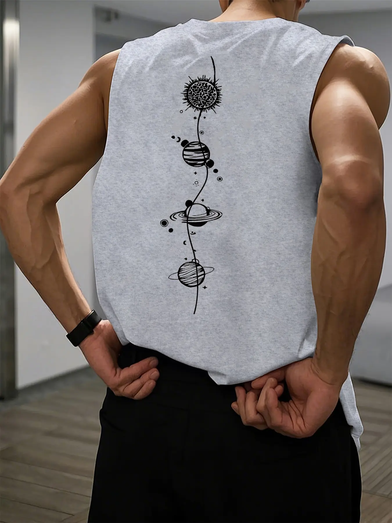 Men's Summer Leisure Sports Fitness Loose Space Planet Pattern Printed Comfortable and Breathable Round Neck Sleeveless Tank Top