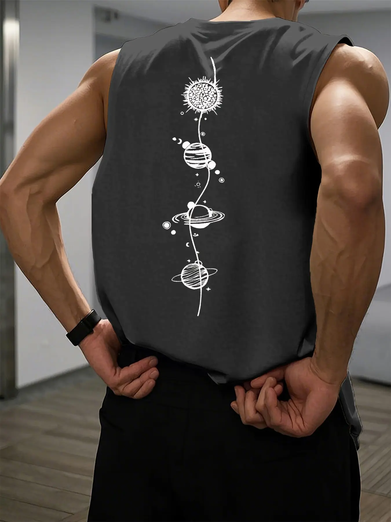 Men's Summer Leisure Sports Fitness Loose Space Planet Pattern Printed Comfortable and Breathable Round Neck Sleeveless Tank Top