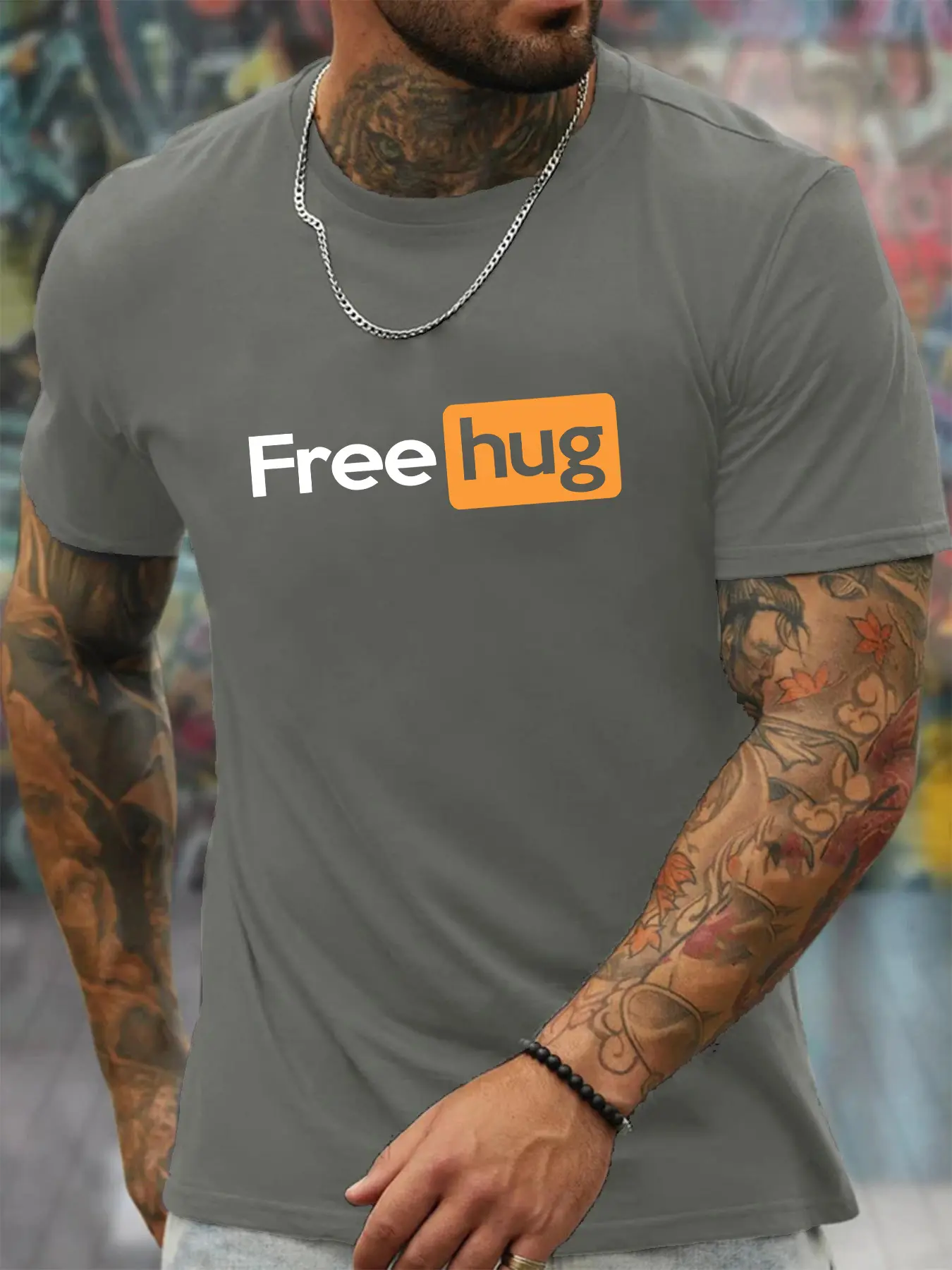 Men's Summer 100% Cotton Fashionable Loose Casual Free hug Letter Pattern Printed Round Neck Short Sleeve T-shirt