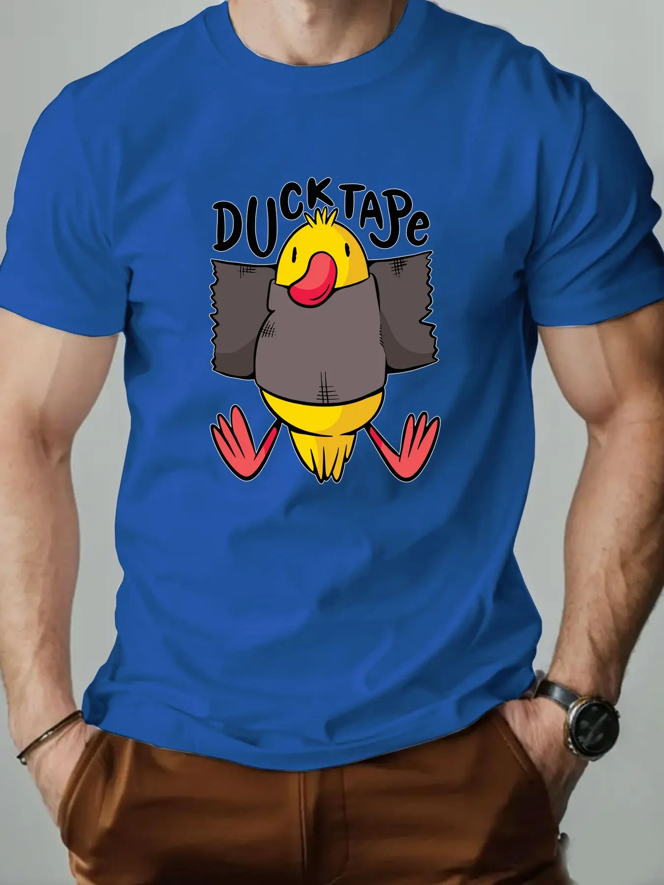 Men's summer 100% pure cotton fashionable casual sports loose duck pattern printed round neck short sleeved T-shirt top