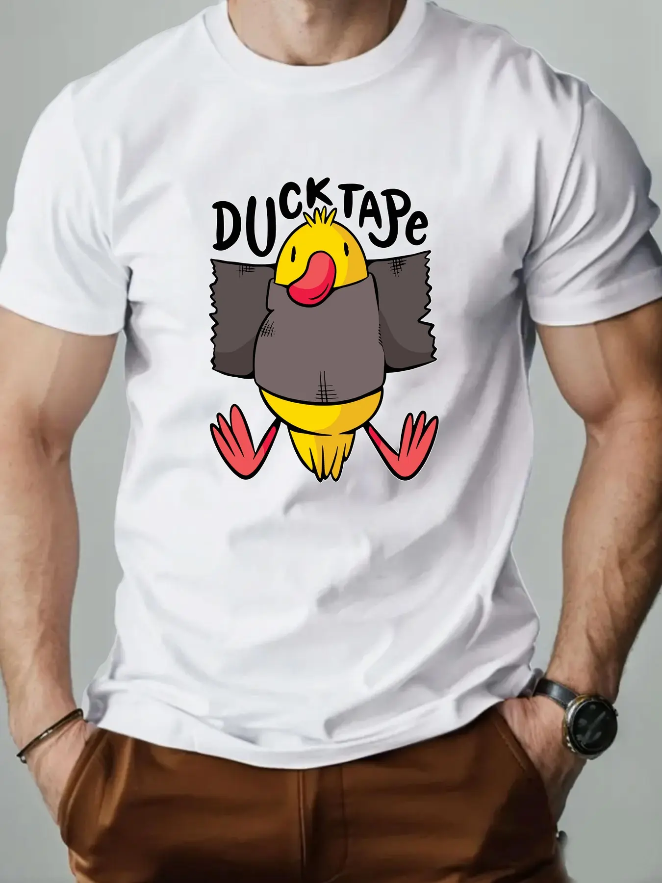 Men's summer 100% pure cotton fashionable casual sports loose duck pattern printed round neck short sleeved T-shirt top