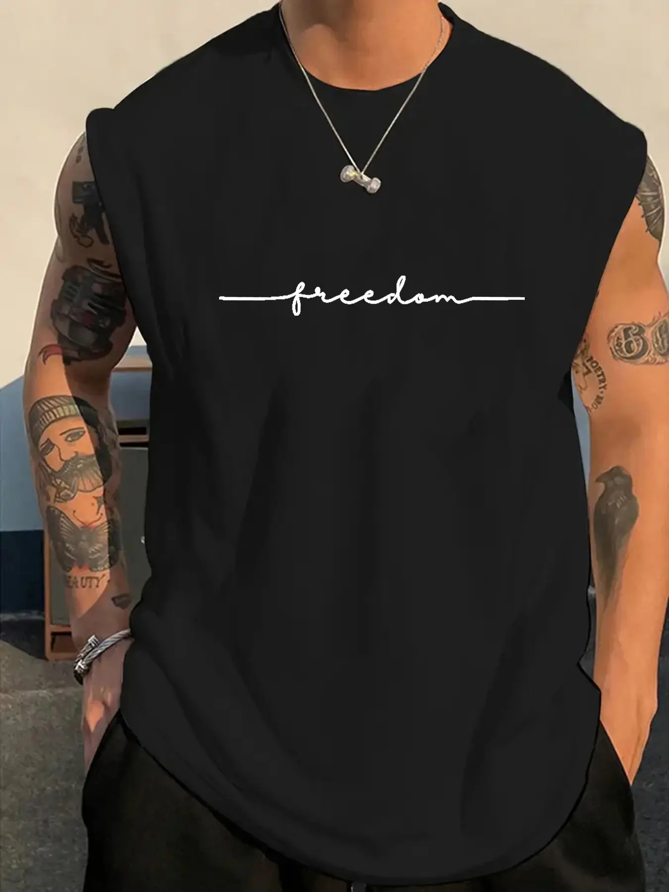 Men's Summer Leisure Sports Fitness Loose Freedom Letter Printed Comfortable Breathable Round Neck Sleeveless Tank Top